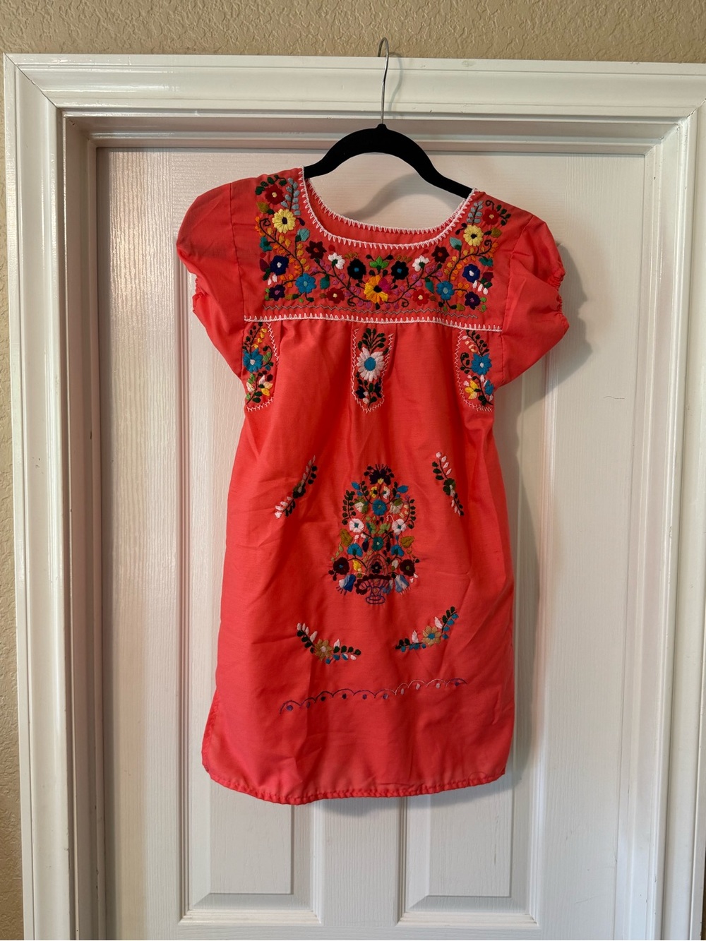 Girls Coral Embroidered Floral Dress